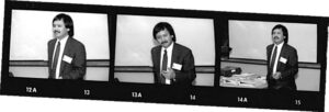 three photos of a man in a suit in front of a white board