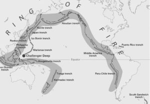 map of the ring of fire, showing ocean trenches and the geographic area marked under the ring of fire.