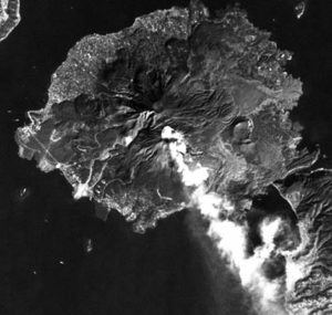 aerial satellite view of the Sakura-jima volcano in Japan