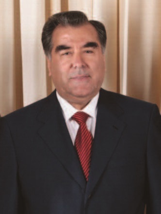 President Emomalii Rahmon, a middle aged man wearing a business suit with a red tie. 