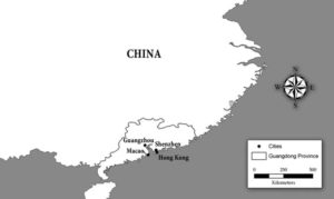 Map of China's pearl delta region which includes major cities such as Macao, Hong Kong, Shenzhen, and Guangzhou. 