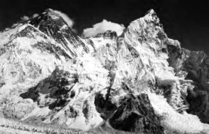 Upward view of photograph of Mt. Everest.