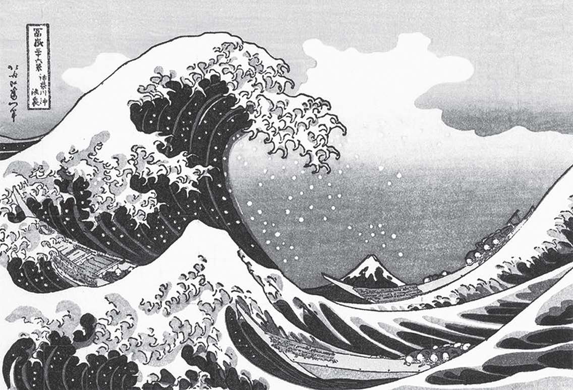 illustration of a large wave crashing on two long boats