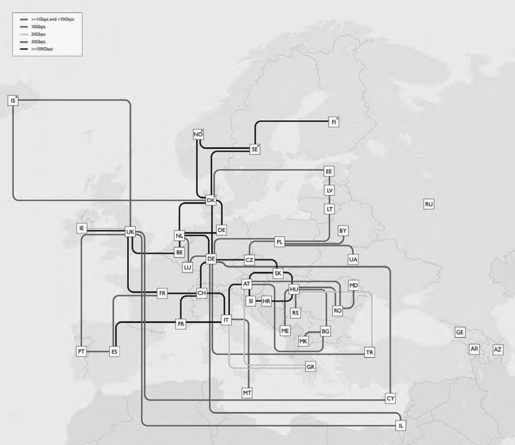 Map of the Geant network. The GÉANT interconnects Europe's national research and education networks with the high bandwidth, high speed and highly resilient pan-European GÉANT Network.