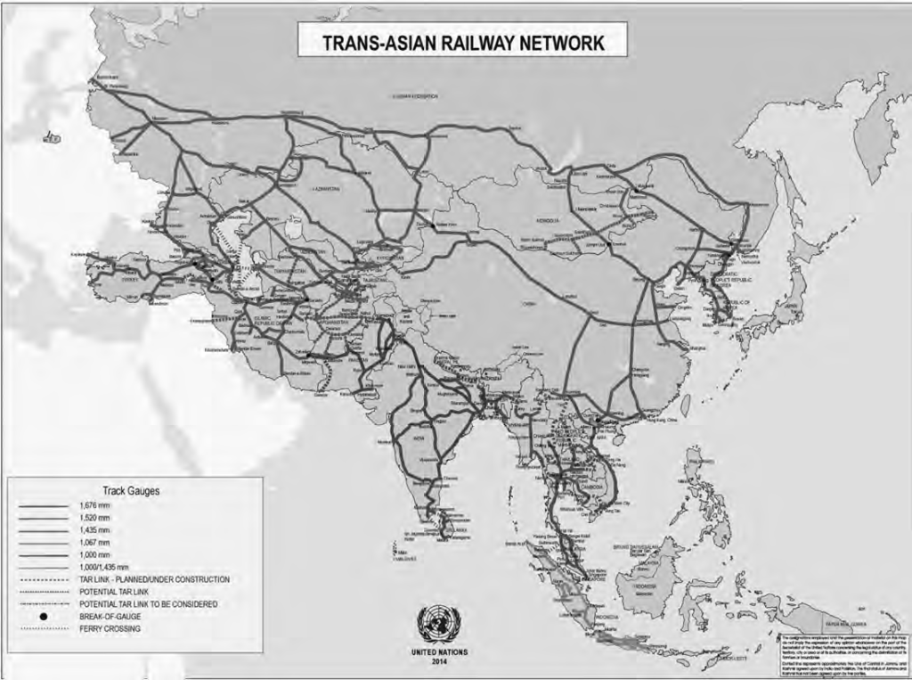 A map of the Trans-Asian Railway Network. 