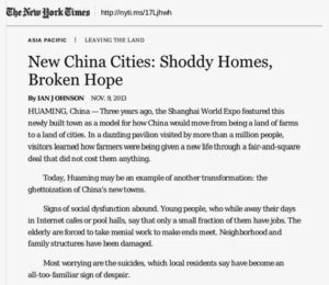 A New York Times article newspaper clipping illustrating the tenor of the Western narrative about Huaming. The article is titled "New China Cities: Shoddy Homes, Broken Hope."