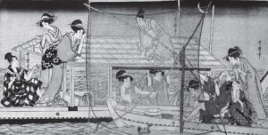illustration of women in kimono getting off of a boat onto a dock