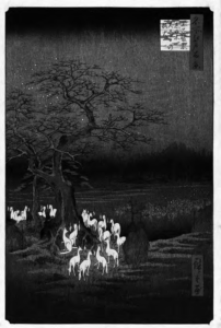 painting of foxes gathering at night. they are white against the dark background