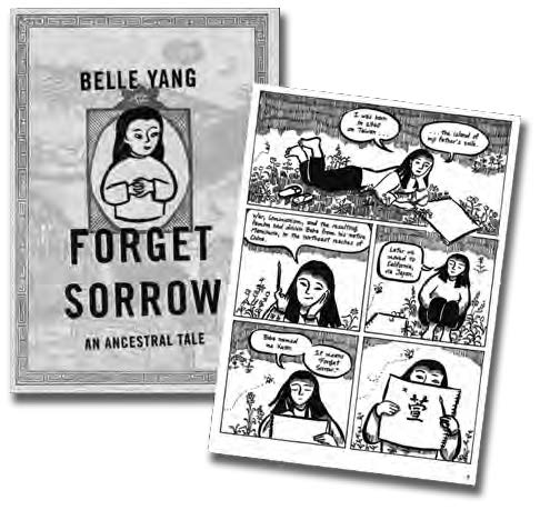 Picture of book cover and panels in Belle Yang's "Forget Sorrow."