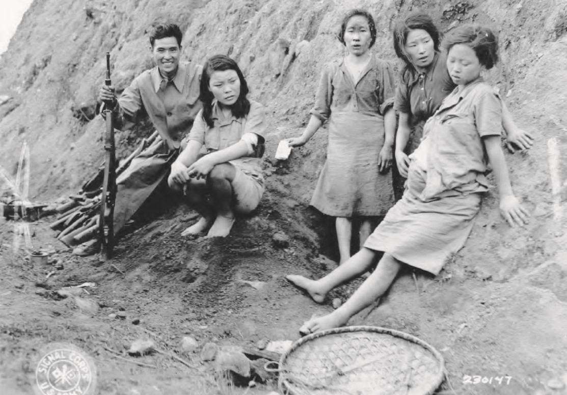 Four Korean comfort women after they were liberated by US-China Allied Forces outside Songshan