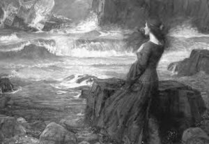 painting of a woman standing looking at rough waters