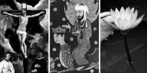 three images, from left to right:  a christ figure on the cross, a man riding a horse with a woman's face, and a photograph of a lotus flower