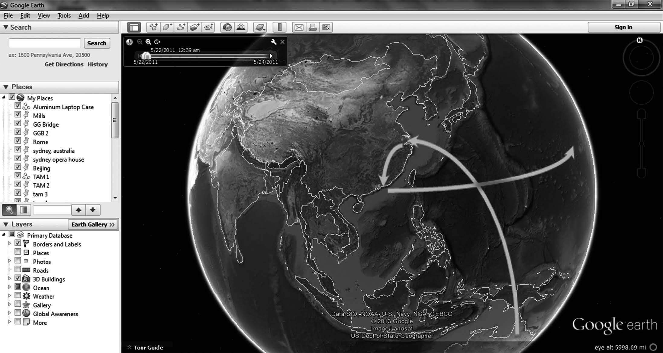 Using Google Earth to trace the path of an aluminum laptop case. Trail goes from Australia to China factories, and lastly to the USA.