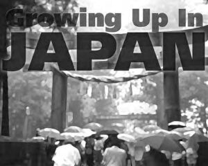 Growing up in japan cover, showing many people with umbrellas walking through a torii gate