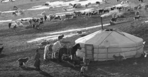 Screen capture of Mongolian tent and some livestock around it