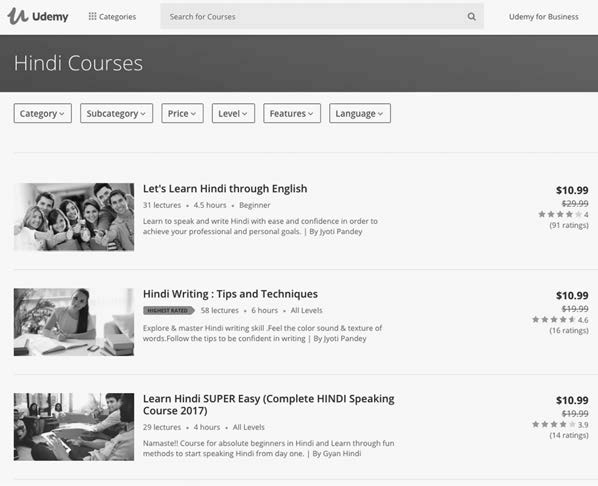 Screenshot of the website of Udemy Hindi Courses. This website offers courses and coursework to learning Hindi and other languages.