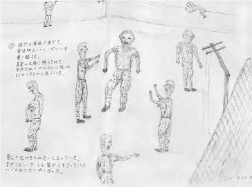 Hand drawn sketch by elementary school age Hirano following the explosion of the atomic bomb in Hiroshima. The figures in the picture stand in a courtyard with burns covering their bodies and skin peeling from its flesh. When Hirano looked at himself and his classmates, they had all been badly burned and their clothes were shredded; they looked like “monsters.” The effect of the sketch is to show the devastating impacts of the bombing on innocent children like Hirano living near the epicenter of the bombing. 