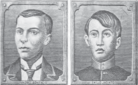 Images from an old 20 peso bill that feature Emilio Jacinto and Andrés Bonifacio, two young men. 