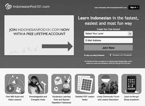  Screenshot of the website "Indonesian Pod 101." This website offers courses and coursework to learning Indonesian. 