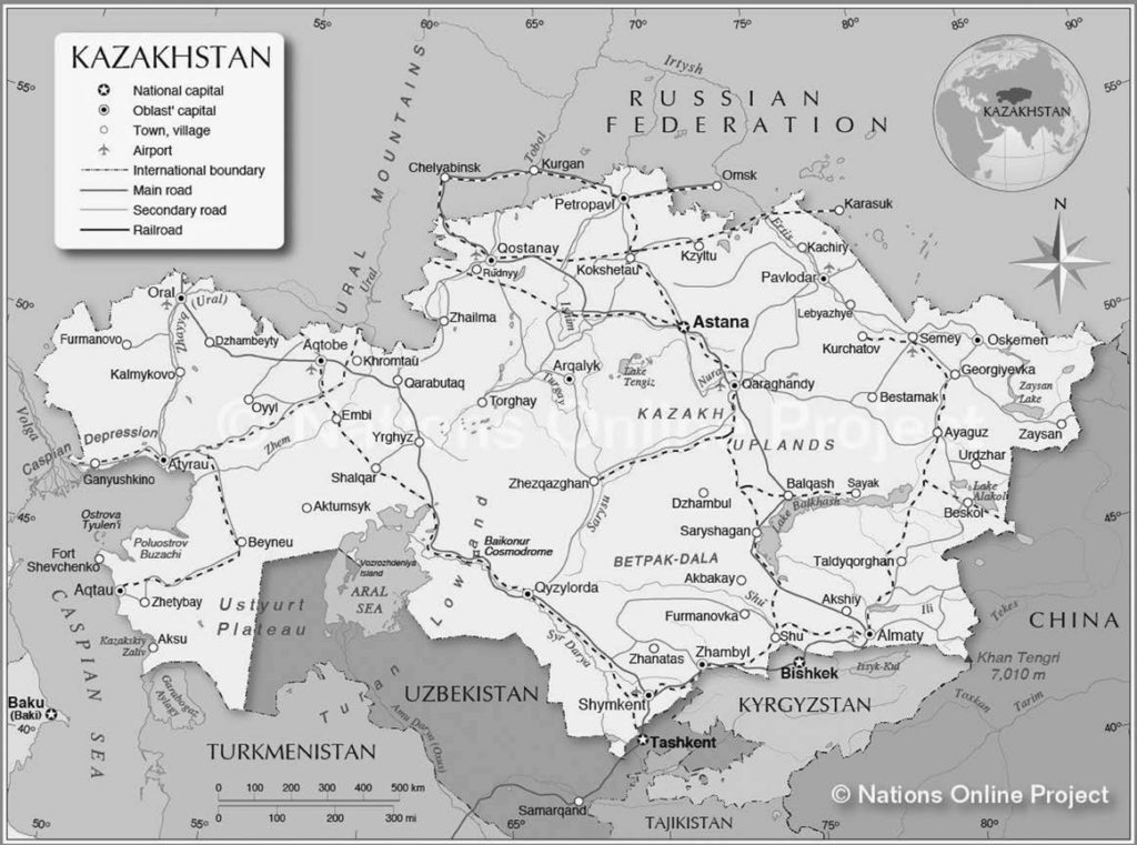 A political map of Kazakhstan which is labelled with the national capital, the Oblast capital, and major towns and villages. 