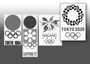 posters for the olympics in tokyo 1964, sapporo 1972, nagano 1998, and tokyo 2020