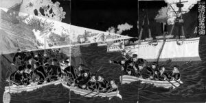 illustration of two boats shooting at each other, with many people fleeing one as it is it and begins sinking