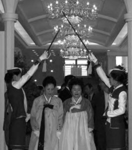 two women in hanbok walk together