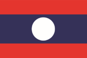 The National Flag of the Lao People's Democratic Republic is dark blue with red edges and a white moon in the middle of the flag. The height of the flag is two- thirds of its width. The height of each red edge is one-half of the height of the dark blue area.