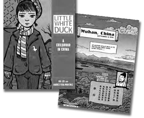 Photo of the graphic novel "Little White Duck" the novel shows a drawing of a young girl. 