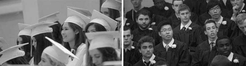 A photograph of Stella standing in a line with the rest of the women in the graduating class. She is smiling and is wearing a graduation cap and gown. Harry is standing in the line with the rest of the men in the graduating class, they are wearing a business suit and corsage. 