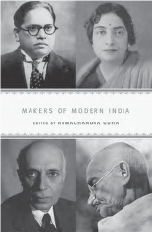 The book cover of 'Makers of Modern India.' The cover features portraits of four major historical figures from India. The individuals' names are not specified in the description.