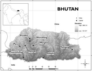 Map of Bhutan with major cities shown. 