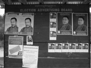 Election poster board advertising candidates campaigning in Bhutan’s first election for the new Parliament.