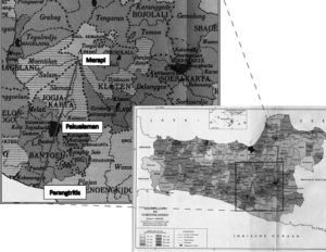 From the map of Central Java included in the Dutch Colonial Census of 1930, Merapi is not labeled but can be clearly located through the point at which different districts come together at its summit.