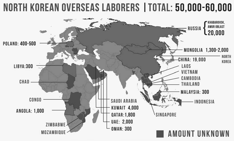 Infographic of the places where North Korean workers work overseas. 