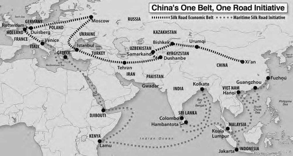 map of asia, europe, and africa and the paths of china's one belt, one road initiative