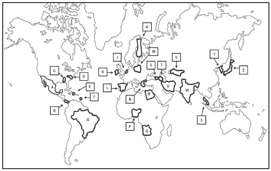 Geography portion of the test where students are expected to match location names to specific areas. 
