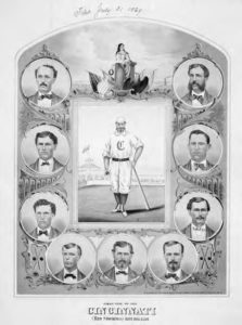 lithograph of a baseball player and several portraits of men