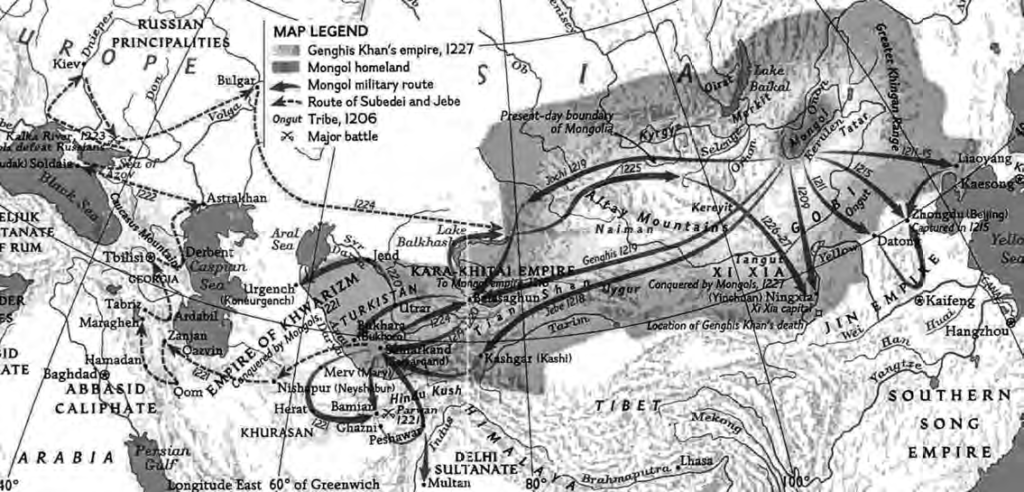 Map of Mongol Empire along with trade routes and conquering routes.