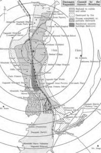 map of nagasaki showing the blast radius and epicenter