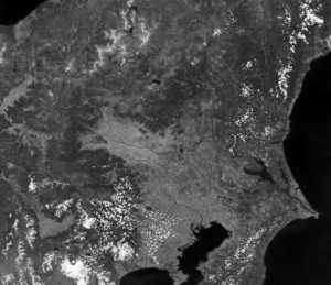 Satelite image of Tokyo's landscape. Only physical features of the land are visible (individual homes, buildings, etc. are not). 