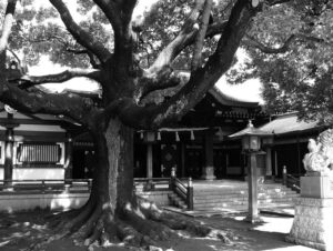 a shrine with a tree in front of it