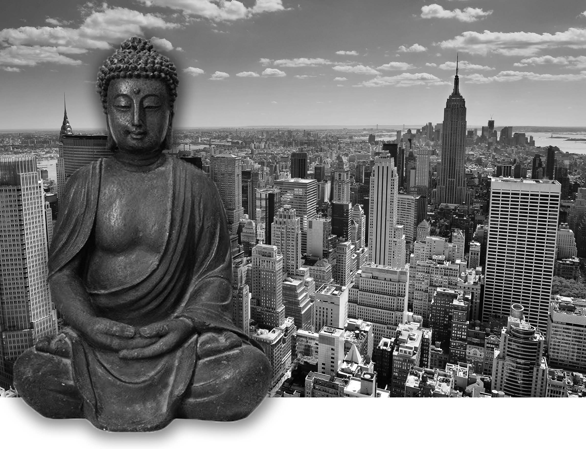 Photograph of downtown New York City with an image of a Buddha statue pasted in the left half of the photo. 