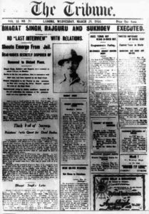 Photograph of The Tribune article about Singh's trial. 