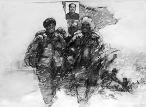 A drawing of soldiers, dressed for winter, carrying a flag and a picture of a man