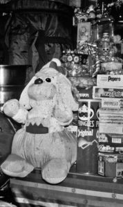 photo of offerings on a shrine, including a bear and pringles and games