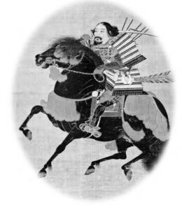 Painting of a samurai in armor riding a horse.