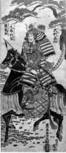 painting of a man in armor holding a bow, sitting on a horse in war decoration