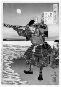 image of a man in armor holding a sword above his head, with his head bowed, towards the sea, with the moon visible behind him.