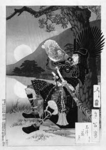 painting of a man in armor sitting at the base of a tree, with a large conch shell at his lips, his cheeks round as he blows into it. behind him is water and a full moon, partially obscured by mountains